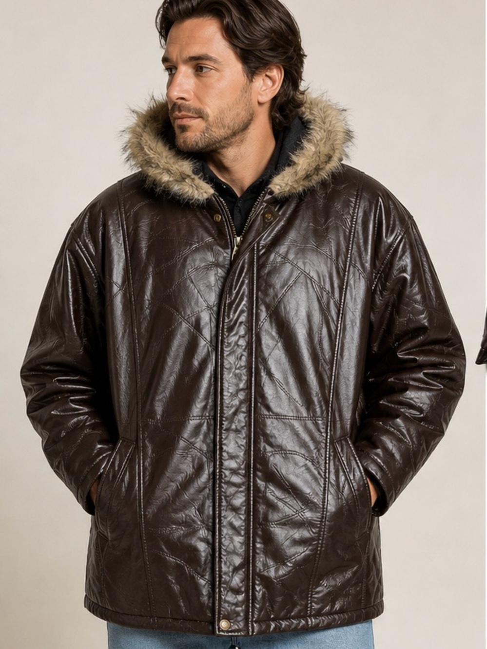 Snag Hill By Haband Vintage 70’s Men's Brown Faux-Leather Hooded Coat